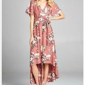Long High Low Floral Wrap Dress - Mauve - Large